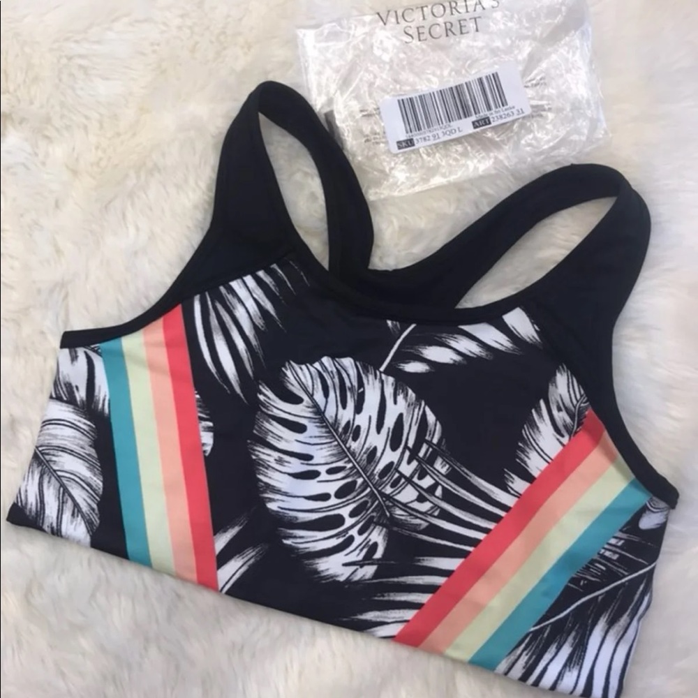 PINK Victoria's Secret Black Tropical Stripe Sports Bra